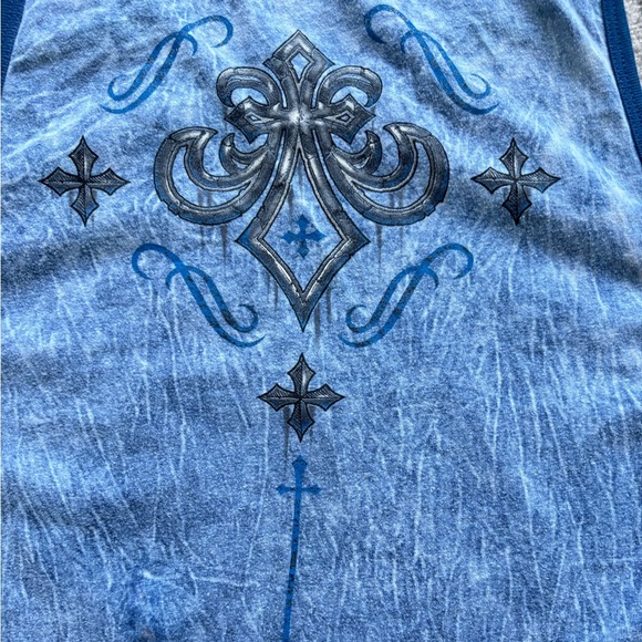Affliction Mens Small Blue Reversible Gothic Graphic Tank Top - Picture 7 of 8